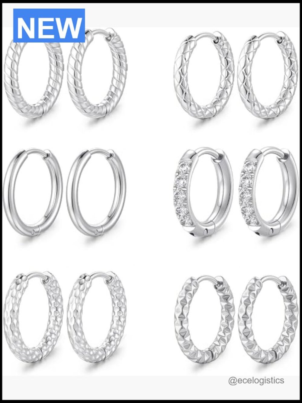 Surgical Steel Hoop Earrings for Women, 6 Pairs 8mm Huggie